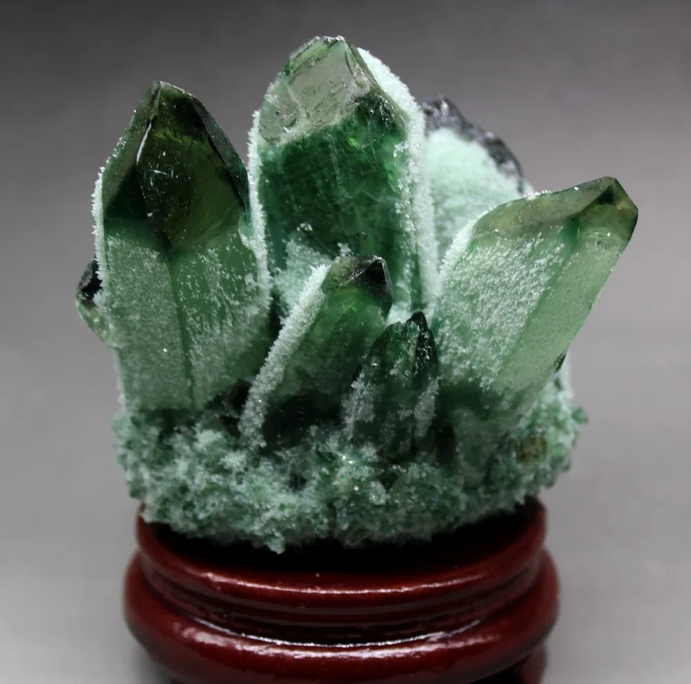 600 г натуральный зеленый Ghost Phantom Quartz кристалл кластера кристаллы и камни лечебные образцы деревянная основа