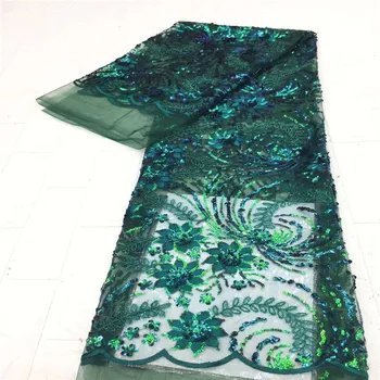 

Lace Fabric Teal African French beads Lace Fabric High Quality sequins Embroidery Wedding Nigerian Lace Fabric For 5yards green