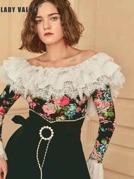 

Retro color collar stitching contrast color lace lace shirt ladies spring sexy slip back slim bell sleeves tops