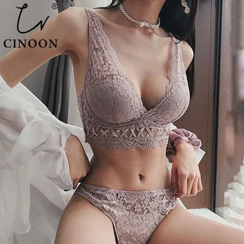 

CINOON New Sexy Bandage Underwear Set Push up Bra Set Embroidery Women Lingerie High Quality Lingerie Set 3/4 Cup Lace Brassiere
