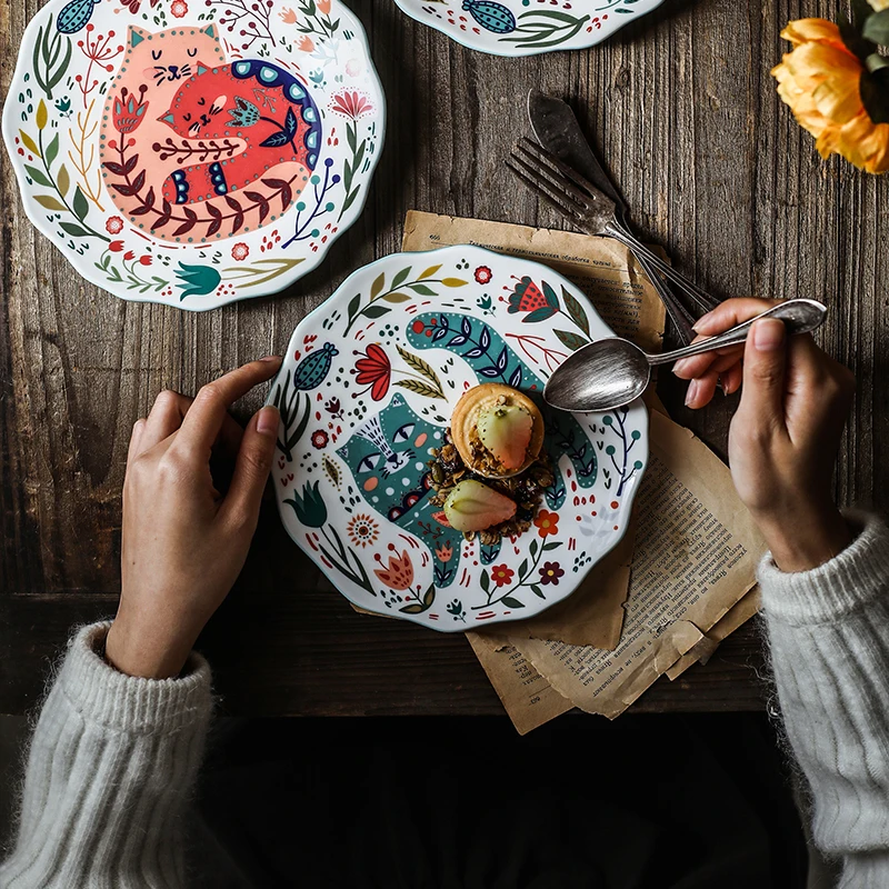 Creative 8inch Hand-painted Cat Dinner Plate Under-glazed Ceramic Dish Dessert Tray Flower Kitten Microwave Dinnerware YHJ021201 | Дом и сад