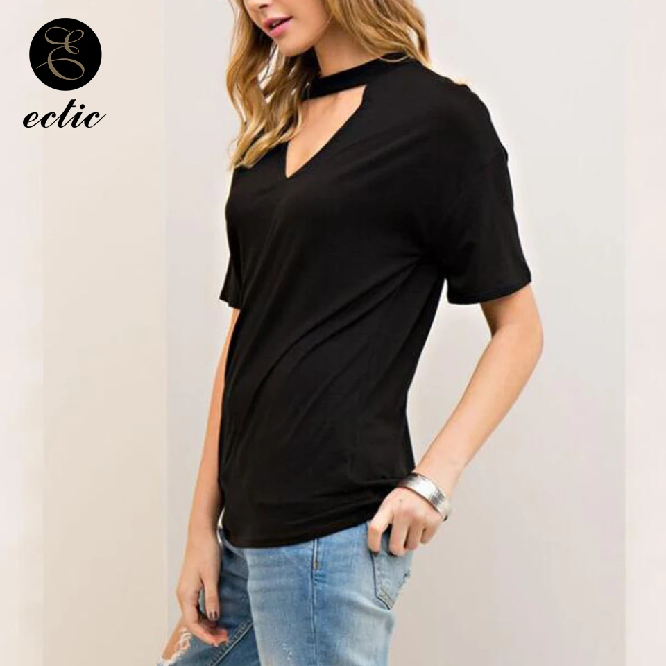 Women's Black and White Choker Neck Tops - Solid Color Short Sleeve Casual T-Shirts for Fashion Style image 2