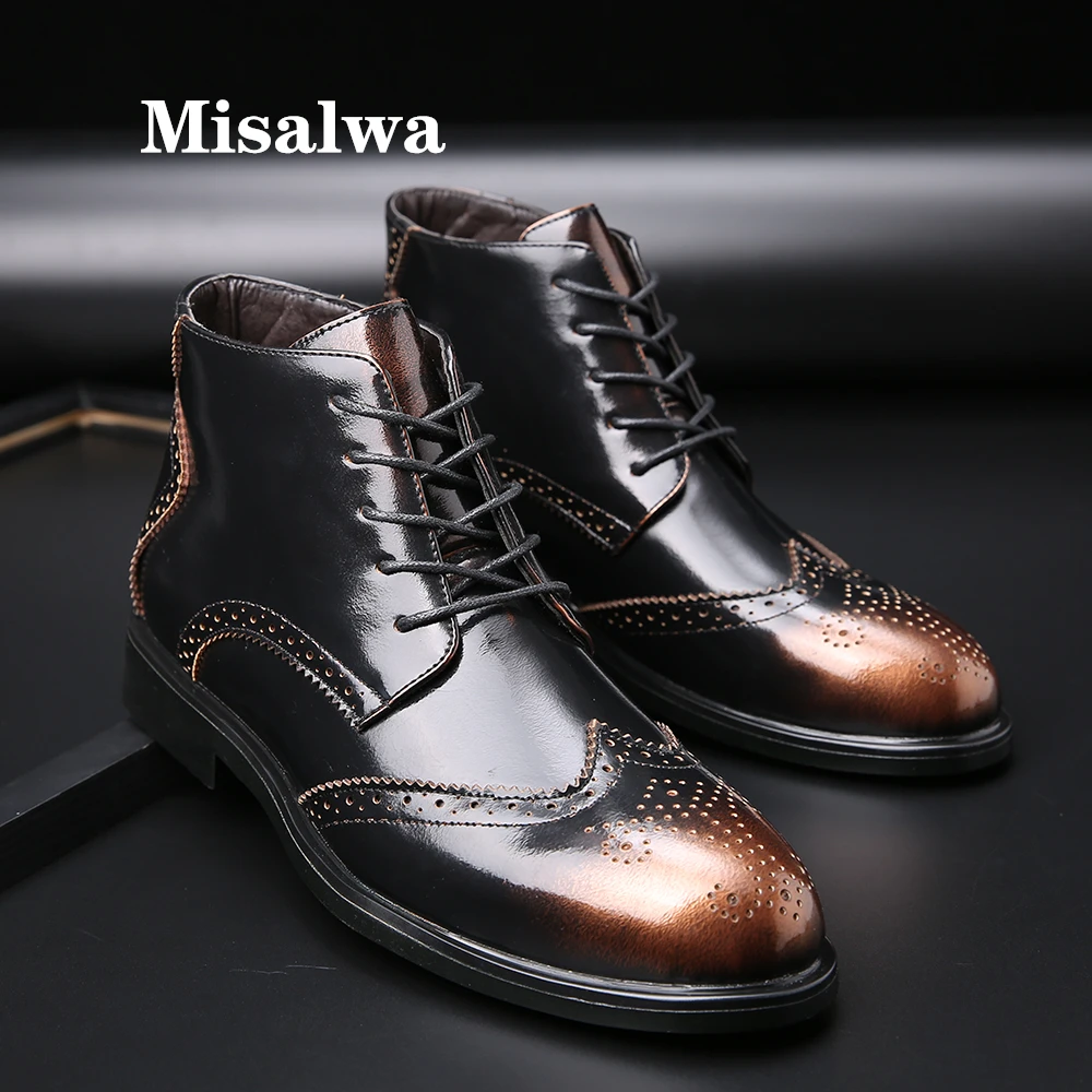 

Misalwa Fashion Brogue Men Boot Elegant Male Formal Chelsea Boots Pointed Toe Oxford Ankle Boot Plus Size 38-48 Metal Color Gold