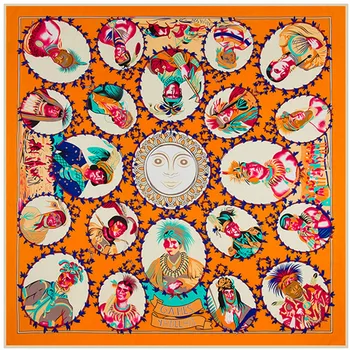 

130*130cm Luxury Brand Indian Primitive Tribe Character Head Lady Silk Twill Scarf female square silk scarf shawls and wraps