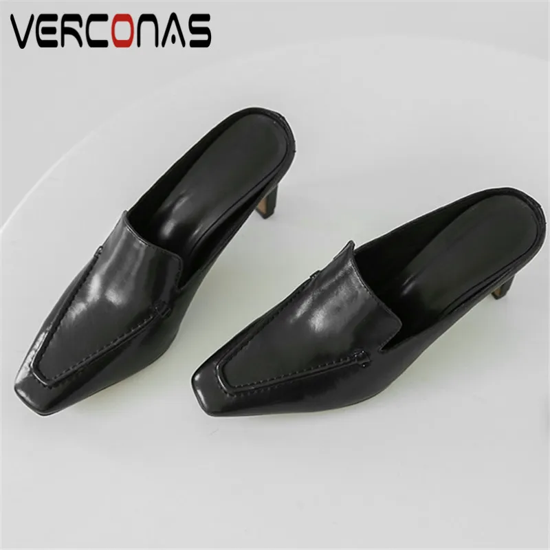 

VERCONAS 2020 Fashion Woman Sandals Woman Pumps New Arrival Summer Genuine Leather Shallow Square Toe Square Heeled Shoes Woman