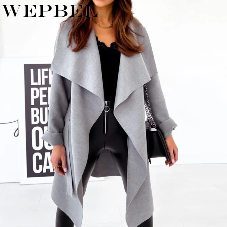 

WEPBEL Women's Casual Long Sleeve Turn-down Collar Slim Fit Coat Autumn Winter Solid Color Cardigan Lace-up Irregular Trench