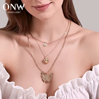 

Personality Exaggerated Love Hollow Butterfly Necklace Fashion Long Multi-layer Ladies Sweater Chain