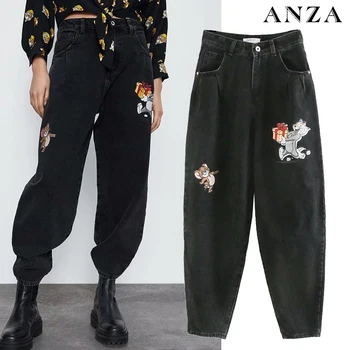 

Za Women Jeans 2020 New High Street Fashion with Cartoon Print Vintage Pocket Loose Jeans Black Harem Long Denim Pants for Women