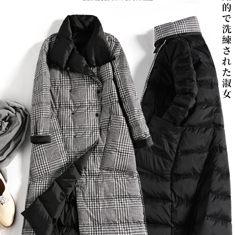 Клетчатая двухсторонняя пуховая куртка-парка, Женская куртка средней длины выше колена, длинное винтажное теплое пальто с воротником-стойкой