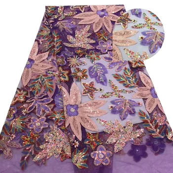 

(5yards/pc) High grade African French net lace fabric in lilac with fantastic embroidery and sequins for party dress FZZ700