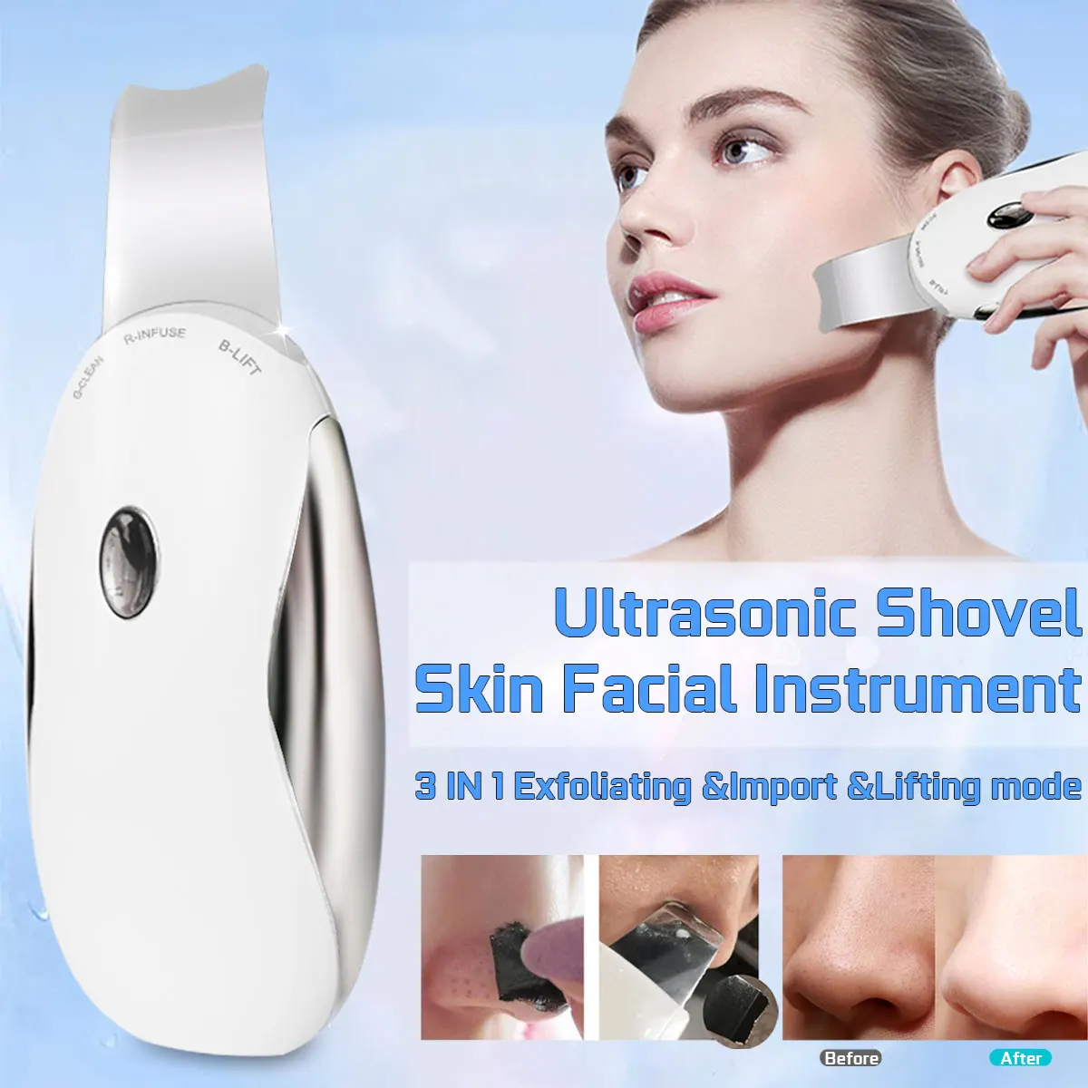 

3 in 1 USB Electric Ultrasonic Shovel Skin Scrubber Skin Facial Cleaning Instrument Pore Cleaner Face Skin Scrubber Machine
