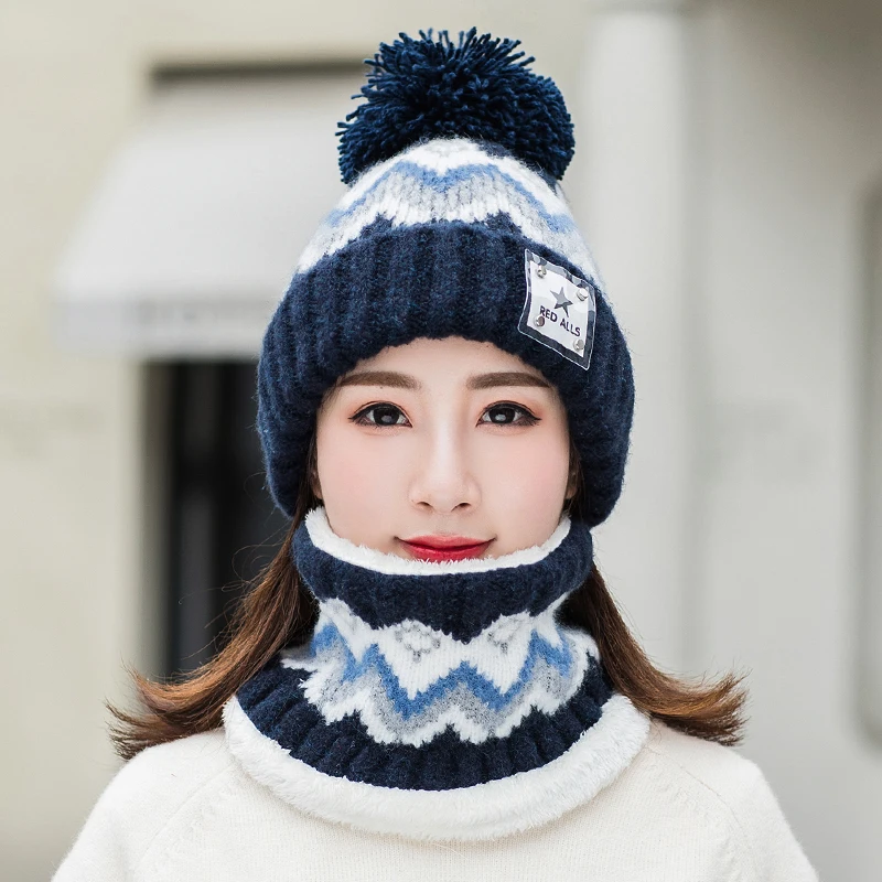 Navy blue Зимняя женская вязаная шапка из кашемира, набор шарфов с помпоном, вязаные шапочки Skullies, теплые шапки, модная полосатая волнистая Балаклава, женская шапка - Color: Navy blue