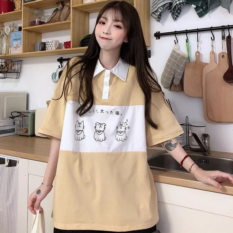 

NiceMix Japanese Summer women's new sweet college style cute cat print loose lapel button student t-shirt women Girly heart Coll