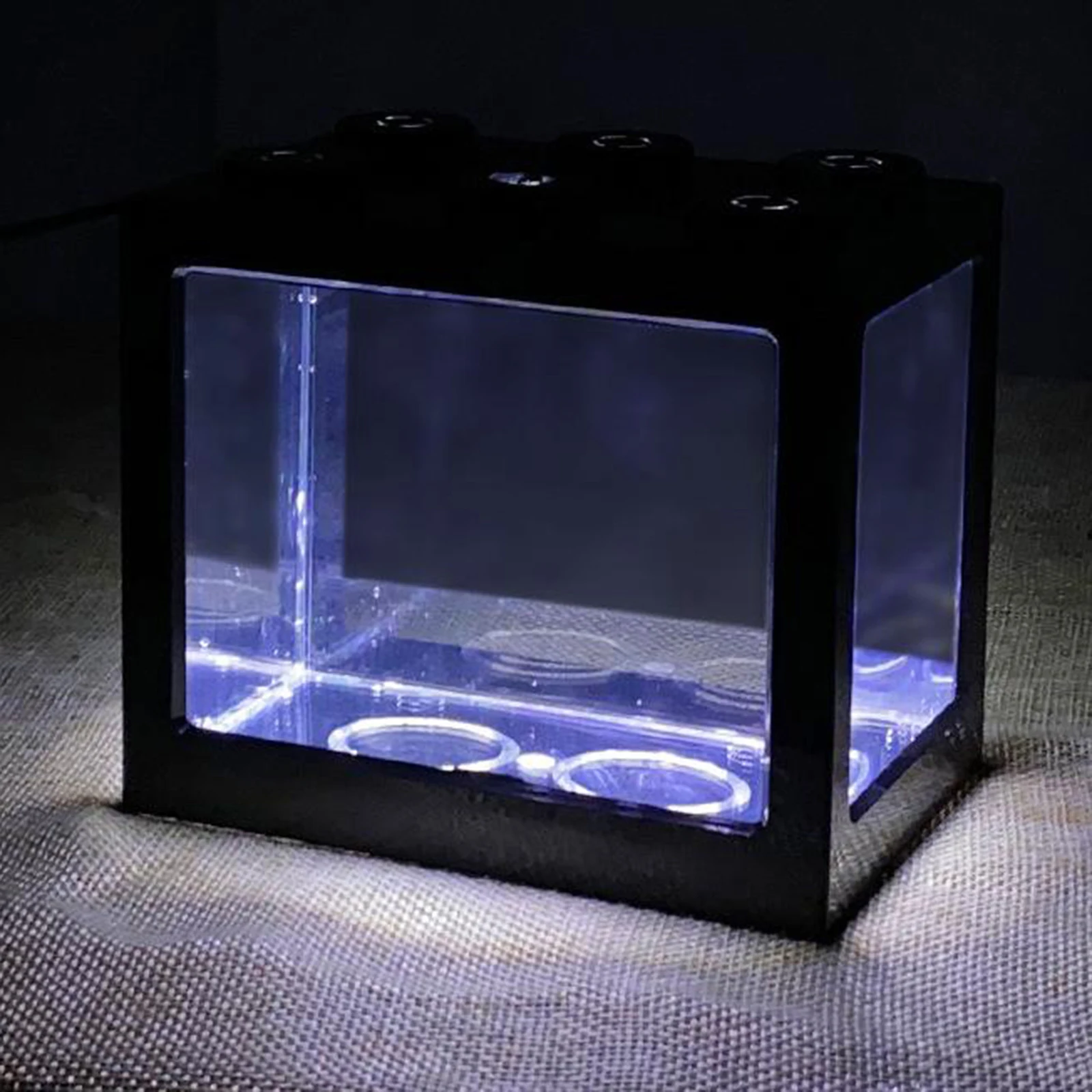 Betta Fish Mini Aquarium Creative Building Block Fish Tank Home Office Decoration Fish Bowl Feeding Box LED Light