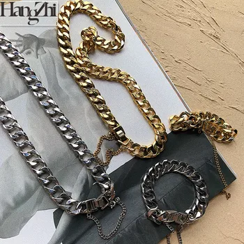 

HANGZHI 2020 New Korea Simple Trendy Hip Hop Punk Clavicle Chain Width Lock Metal Thick Chain Tassel Bracelet for Women Jewelry
