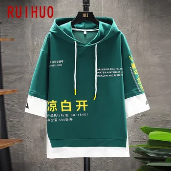 

RUIHUO 2020 New Boiling Water Print Pullover Hoodies Men Hip Hop Men Hoodies Sweatshirts Half Sleeve Hooded Sweatshirts M-3XL