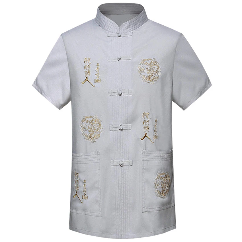 Summer Embroidery Dragon Print Blouse Tops Men Tang Suit Chinese Traditional Hanfu T Shirt Kung Fu Coat Father Oriental Cardigan