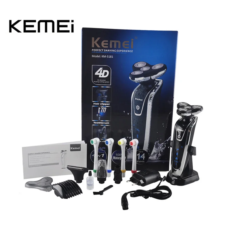 Kemei 4 в 1 бритвенный станок, триммер для носа, зубная щетка для мужчин, набор электробритва, инструменты для ухода за лицом, KM-5181, перезаряжаемый
