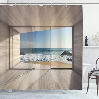 

Modern Shower Curtain, Empty Modern Lounge Area with Large Window and View of Sea Waves Rocks Art, Cloth Fabric Bathroom Decor