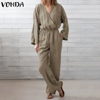 

VONDA Plus Size Overalls For Womens 2020 Sexy V Neck Long Sleeve Bohemian Rompers Women Jumpsuits Vintage Pants Solid Playsuits