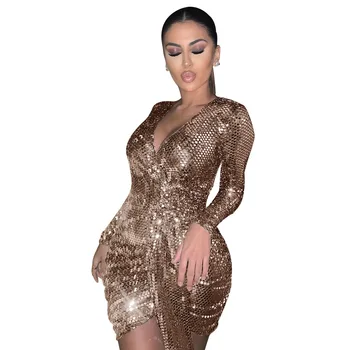 

New Ladies Dresses Sexy Deep V Neck Sequin Dress Long Sleeve Drawstring Ruched Club Dress Elegant Sashes Wrap Mini Party Dresses