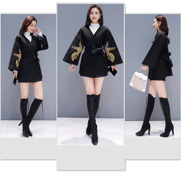Wreeima кардиган ремень с v-образным вырезом Вышивка черный длинный рукав с широкой талией свободные и удобные женские осень зима