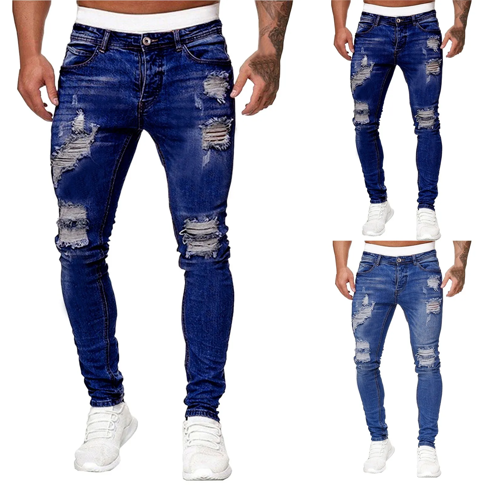 2021 Men Fashion Casual New Jeans Solid Color Ripped Frayed Gradient Washed Trousers High Quality Daily Holes Jeans Dropshipping 2