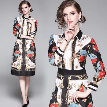 

European and American Style Runway Fashion Button Vintage Floral Chain Printed Elegant Tunic Slim Party Midi A Line Shirt Dress