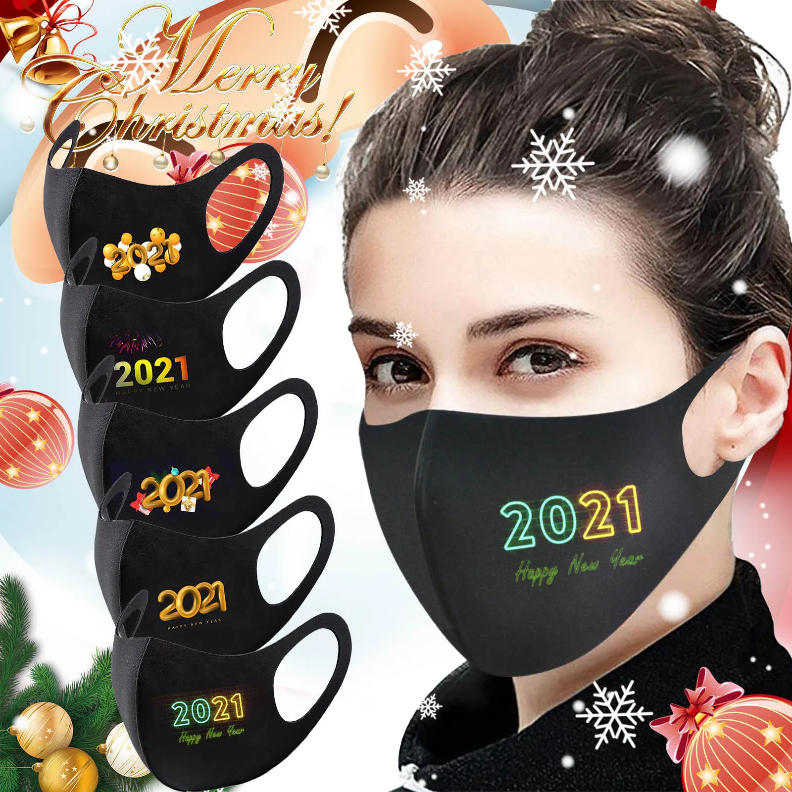 

1/5PC 2021 New Year Ice Silk Face Masks Masquerade Washable Reusable masque High-quality Dustproof Protection Mask Mascarillas