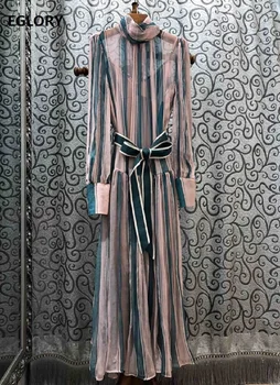 

100%Silk Long Dress 2020 Spring Summer Evening Party Women Stand Neck Striped Print Long Sleeve Casual Sexy Long Maxi Dress