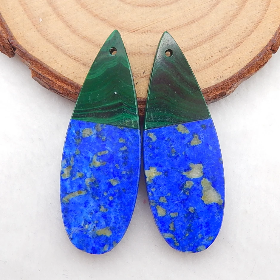 Wholesale,Natural Lapis Lazuli With Malachite Intarsia Gemstone Design  Fashion Teardrop Earrings Bead 40x14x3mm,9.3g