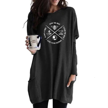 

Bee Letters Print Long Sleeve Casual Pocket Hoodies For Women Hoodies Women Tops Kawaii Youth Female Harajuku Plus Size