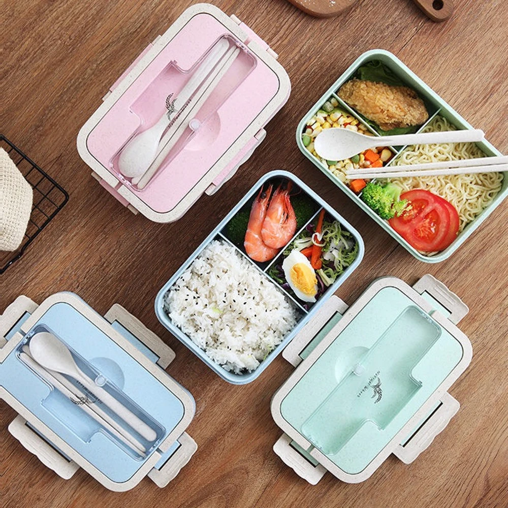 Lunch Box Wheat Straw Bento Box Portable Eco-friendly Microwave Food Storage Container for Kids Students School 