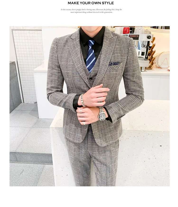 High Quality Men Slim Fit 3 Pieces Suits Jackets+Pants+Vest Plaid Formal Wear Suits Men Wedding Dress Suits For Groom Suits 5XL