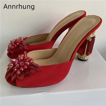 

Luxury Jeweled Diamond Heel Slippers Women Crystal Beading Flower Catwalk Slides Sexy Peep Toe High Heel Party Shoes Woman