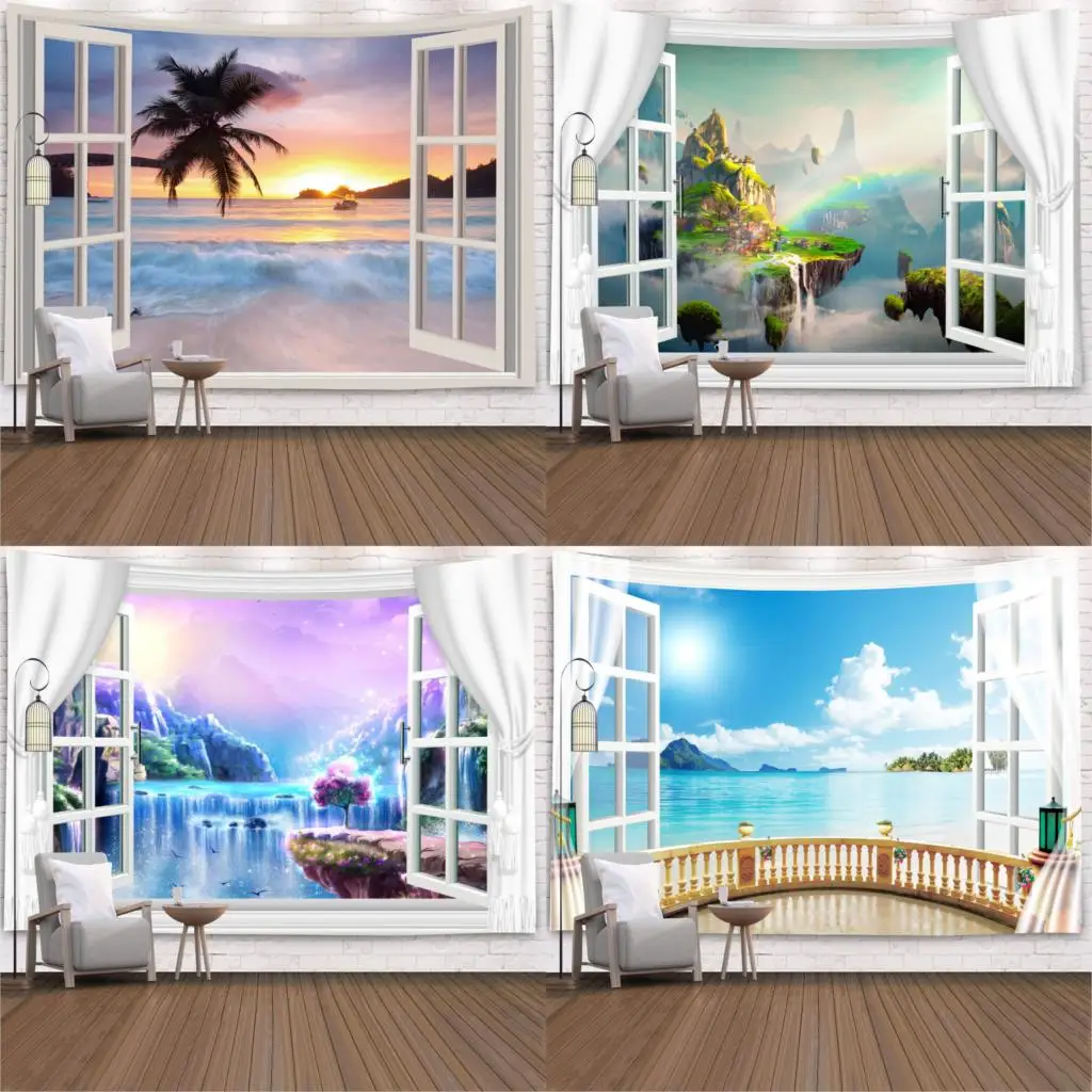 Tapiz de ventana con plantas verdes 3D, alfombra colgante para pared, manta, colcha, toalla de Yoga, decoración de pared para la playa y el hogar, 200x150cm