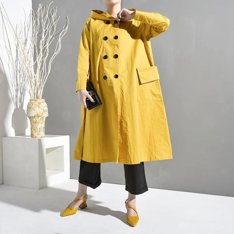 [EAM] New Spring Autumn Hooded Long Sleeve Double Breasted Yellow Pleated Loose Big Size Jacket Women Coat Fashion JO399