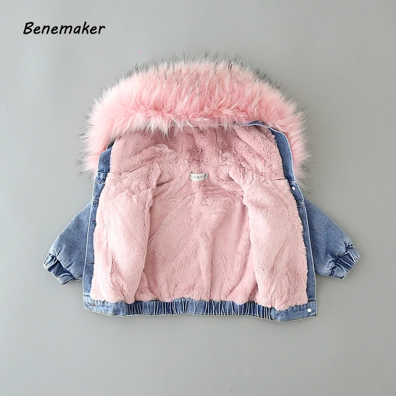 

Benemaker Baby Faux Fur Denim Jacket For Girl Infant Windbreaker Fleece Plus Warm Outerwear Teenager Coat 1-14Y Kids Parka YJ132