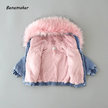 

Benemaker Fur Denim Jacket For Girl Teenager Winter Coats Windbreaker Fleece Parkas Jeans Children Clothes Thick Outerwear YJ132