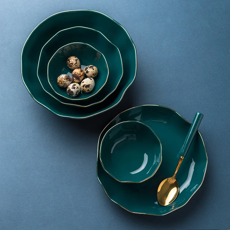 

Nordic Style Peacock Green Creative Tableware Irregular Shaped Set Dish Home Ceramic Rice Bowl Dish