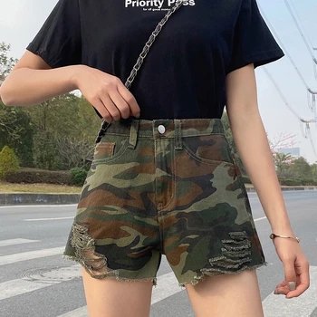 

2020 Summer New Street Sexy Biker Denim Shorts High Waisted for Women Plus Size Camouflage Button Casual Women Hole Short KZ295