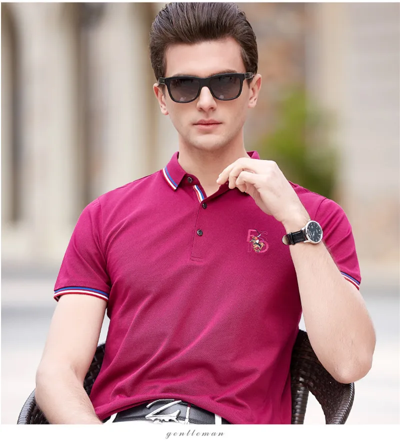 rose red TJWLKJ мужские рубашки поло хлопок короткий рукав Camisas сплошной вышивка Лето - Цвет: rose red
