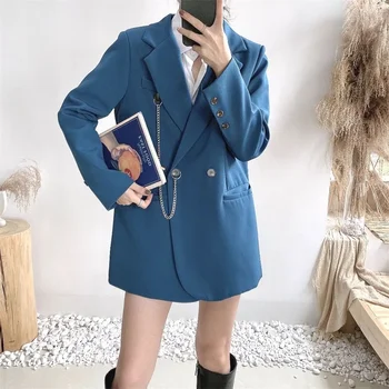 

Comelsexy OL Notched Vintage Solid Double Breasted Blazer Coat 2020 New Autumn Formal Chain Decoration Women Blazers Suit Jacket