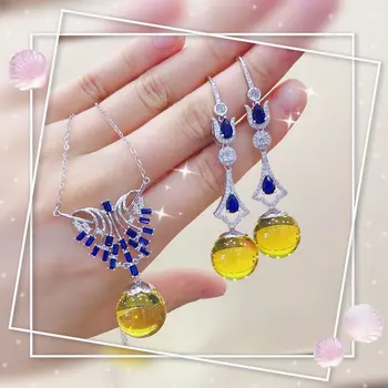 

earrings 2020 925 sterling silver earrings Pendant amber New Mexico blue amber two-piece suit bijoux argent 925 massif pour