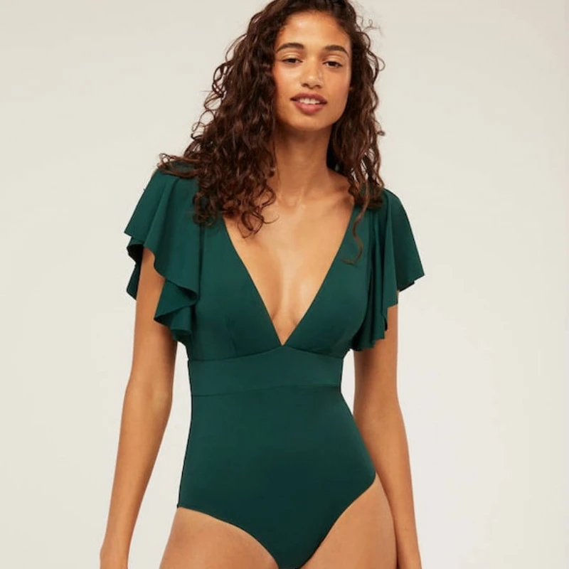 

2020 Solid Swimwear Women One Piece Swimsuit Ruffle Sexy Bathing Suit feminino Push Up BodySuit Female V Neck Flounce Beachwear