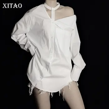 

XITAO Original Women Blouse White Hollow Out Sense of Design Halter Collar Asymmetry 2020 Spring Summer Fashion Sexy Top DMY4858