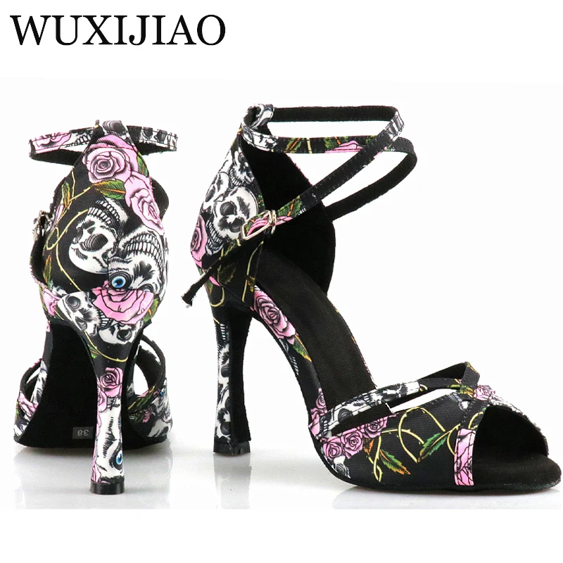 WUXIJIAO Professional ballroom dance shoes ladies halloween skull salsa shoes satin 10 cm high heels ladies latin dance