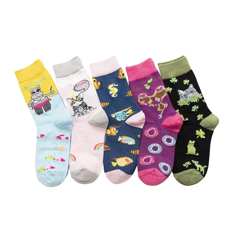 Женские носки с рисунками животных, котов, обезьян, рыбок, теплые хлопковые Забавные милые носки в стиле Харадзюку, модные повседневные осенне-зимние носки