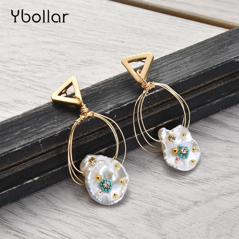 

Ybollar 1 Pair Pearl Earrings Original Design Gold Triangle Circle Handmade Drop Earrings Baroque For Women Jewelry Gift