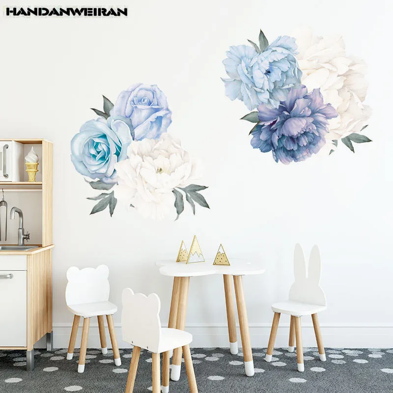 

1PCS 3D Peony Rose Flowers Wall Stickers Blue White Vintage For Bedroom Living Room Decals Mural Home Decor kid Girls Gift